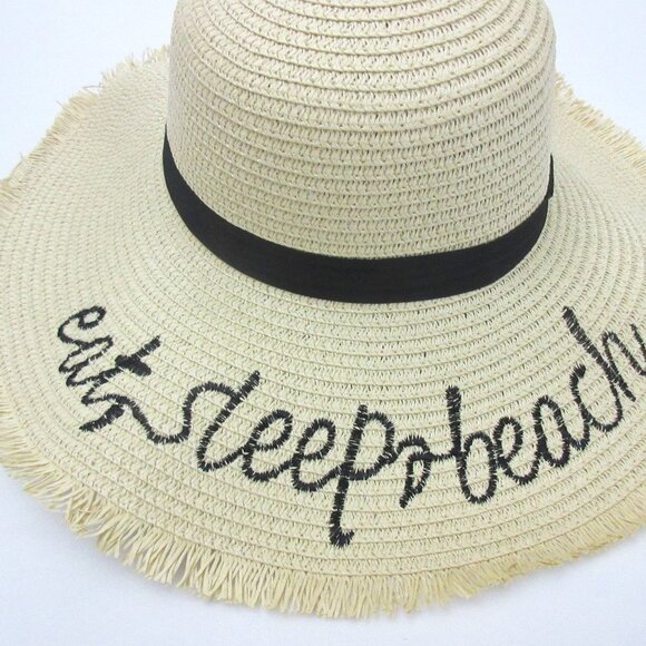Eat Sleep Beach Embroidered Wide Brim Straw Sun Hat Frayed Beige Collapsible NEW - Picture 2 of 4